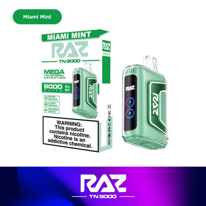 Raz TN9000 Miami Mint Disposable Vape, 9000 puffs, 5% nicotine, sleek design, refreshing flavor.