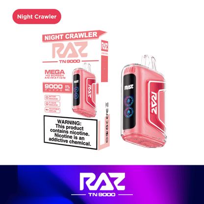 Raz TN9000 Night Crawler Disposable Vape with 9000 puffs and 5% nicotine strength.