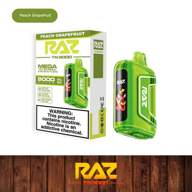 Raz TN9000 Disposable Vape featuring Peach Grapefruit flavor with 9000 puffs, vibrant green design, and clear warning label.