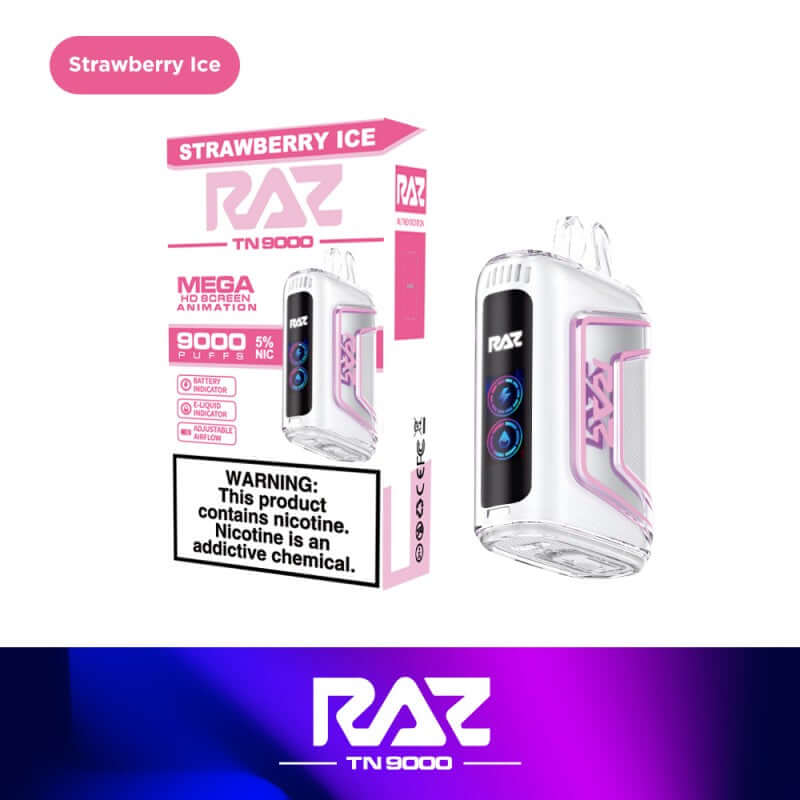 Raz TN9000 Disposable Vape in Strawberry Ice flavor, 9000 puffs, 5% nicotine, sleek design and powerful performance.