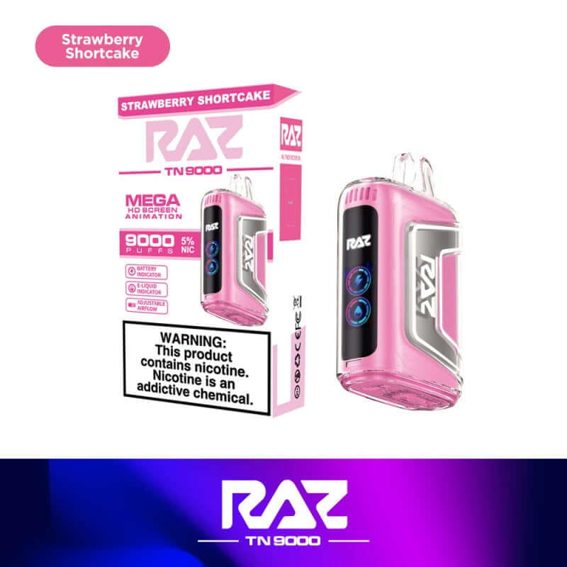 Raz TN9000 Disposable Vape - Strawberry Shortcake flavor with 9000 puffs and 5% nicotine strength.