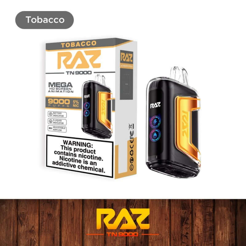 Raz TN9000 Disposable Nicotine Vape packaging with device, showcasing power and performance features.