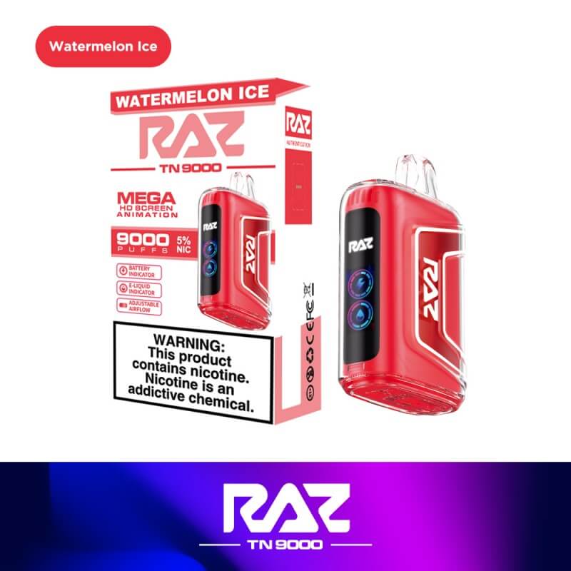 Raz TN9000 Disposable Nicotine Vape in Watermelon Ice flavor, featuring 9000 puffs and 5% nicotine strength.