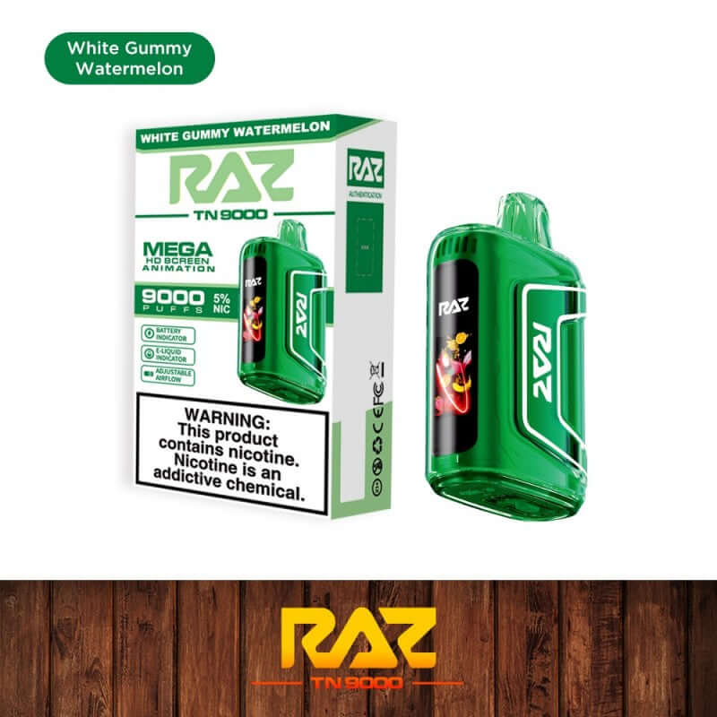 Raz TN9000 Disposable Vape in White Gummy Watermelon flavor with 9000 puffs and 5% nicotine strength.