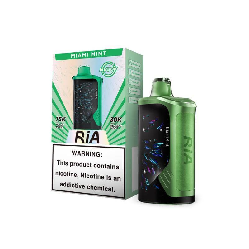 RiA 30K vape in Miami Mint flavor, featuring bold green design and nicotine warning label. Perfect for mint lovers.