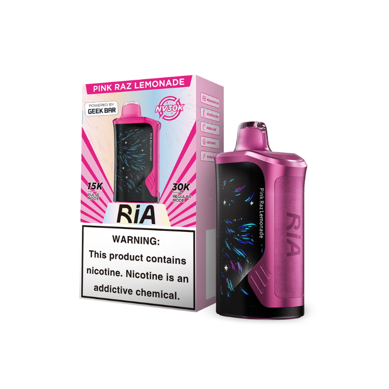 RiA 30K vape device in Pink Raz Lemonade flavor with packaging and warning about nicotine.