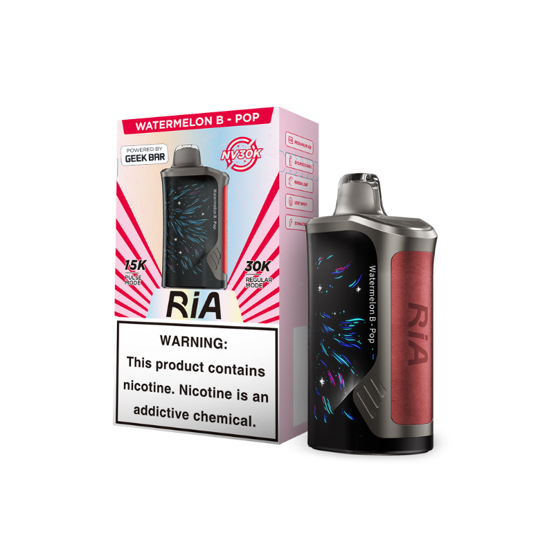 RiA 30K Watermelon B-Pop vape device with packaging, featuring a warning about nicotine addiction.