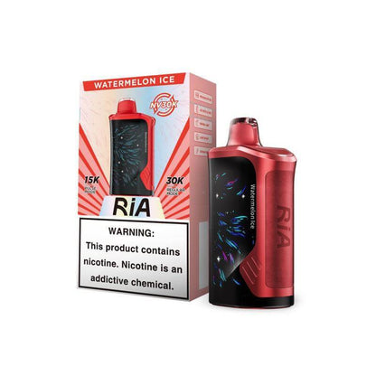 RiA 30K Watermelon Ice vape device with packaging, featuring a warning about nicotine and addictive chemicals.