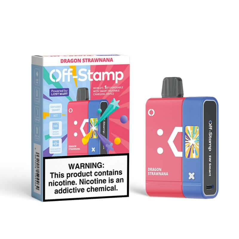 Off-Stamp SW16000 Disposable Smart Kit with Dragon Strawnana flavor, featuring smart charging and warning label.