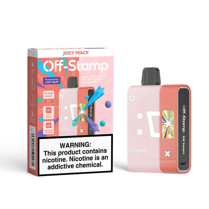 Off-Stamp SW16000 Disposable Smart Kit with Juicy Peach flavor and warning label about nicotine.