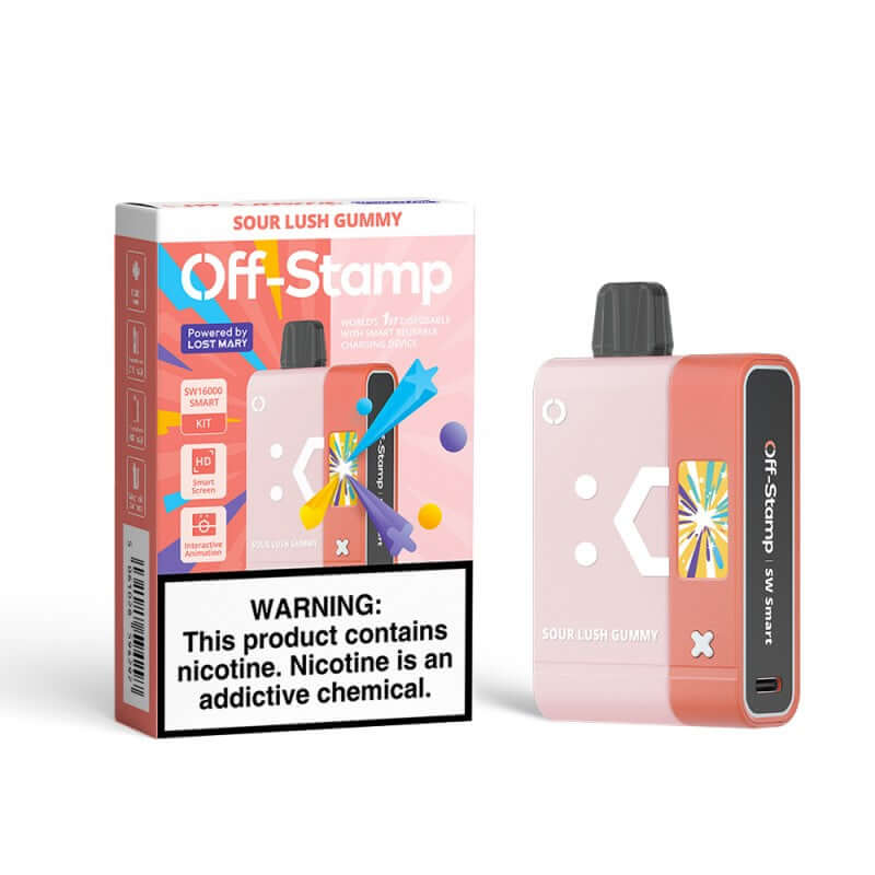 Off-Stamp SW16000 Disposable Smart Kit featuring Sour Lush Gummy flavor and warning about nicotine addiction.