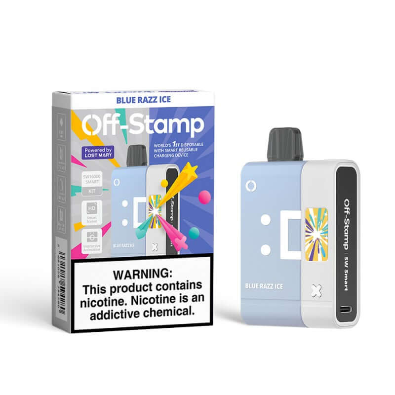 Off-Stamp SW16000 Disposable Smart Kit in Blue Razz Ice flavor with packaging and warning label.