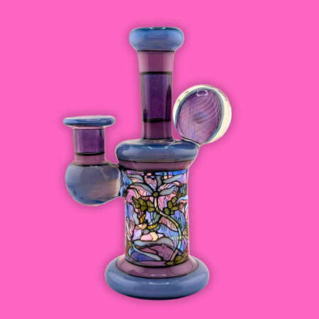 Windstar Glass X Sirpyro Glass Trapped Opal Meadow Scene 10mm 90 handcrafted glass piece on pink background.