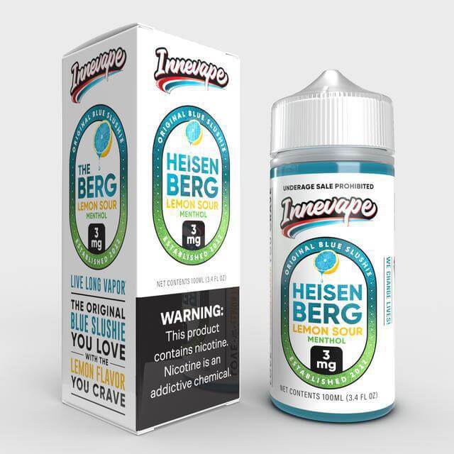 Innevape 100ml Heisenberg Lemon Sour Menthol vape juice bottle and box, featuring nicotine warning.