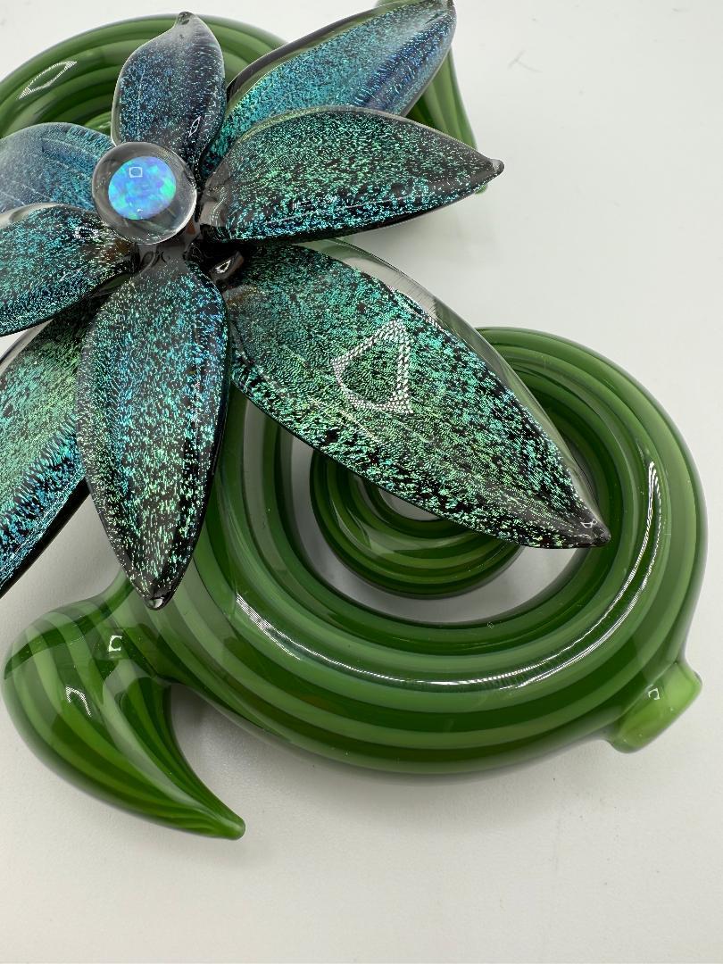 Filla John Spring 2025 Organic Bloom Dichroic Pipe featuring a vibrant glass flower with opal accent.