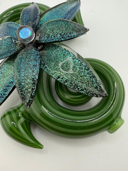Filla John Spring 2025 Organic Bloom Dichroic Pipe featuring a vibrant glass flower with opal accent.