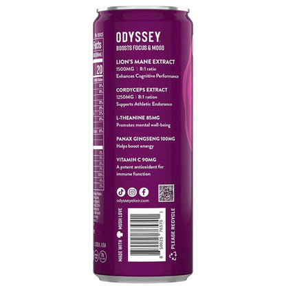 Nutritional information for Odyssey Mushroom Elixir with Lion's Mane and Cordyceps, promoting focus and hydration.