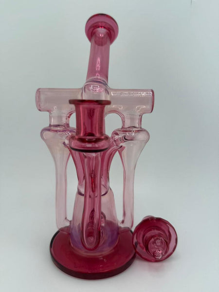 Domer Glass Double Drain Quad Uptake W/ Bubble Dumper Golden Ruby / Telemagenta 10mm Recycler