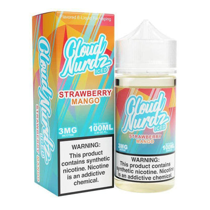 Cloud Nurdz Iced e-liquid 100ml bottle featuring Strawberry Mango flavor with 3mg nicotine, ideal for vaping.