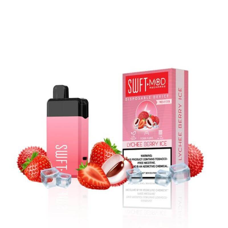 SWFT Mod 5k Disposable Vape in Lychee Berry Ice flavor with strawberries and ice cubes, showcasing vaping convenience and satisfaction.