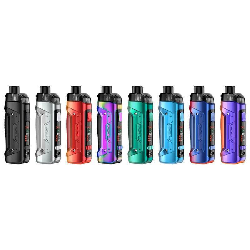 Various colors of the GeekVape B100 Kit displayed in a row showcasing its sleek design and tri-proof features.