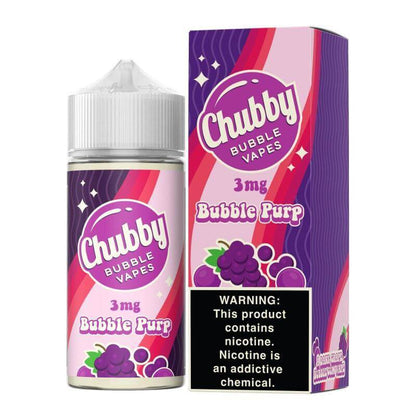 Chubby Bubble Vapes 100ml Bubble Purp flavor vape juice with warning label on box, featuring a sweet grape taste.