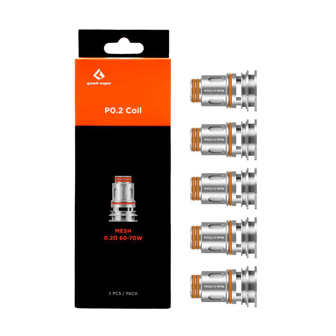 GeekVape P Series Coils pack featuring five mesh coils designed for 0.2Ω, optimal for 60-70W vaping.