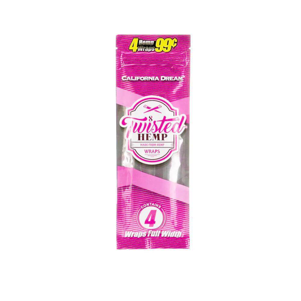 Twisted Hemp Hemp Wraps California Dream 4pc package, premium tobacco-free wraps in vibrant pink packaging.