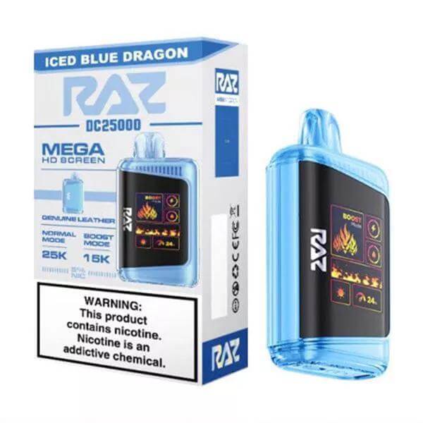 Raz 25 Disposable Vape Iced Blue Dragon flavor, featuring HD screen and genuine leather design.