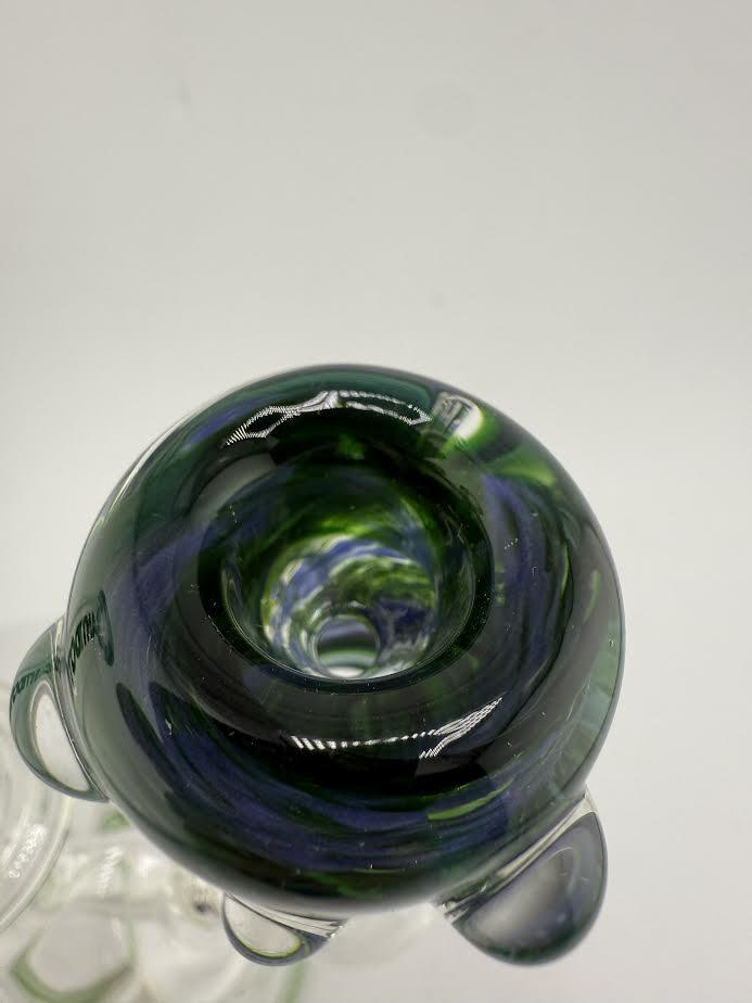 Close-up view of Crondo Glass Frit Swirl 14mm bowl showcasing vibrant green and purple swirl patterns.