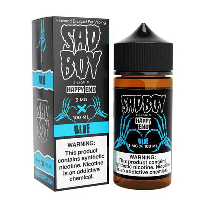 Sad Boy Happy End Blue 100ml e-liquid bottle with striking design and warning label for vaping.