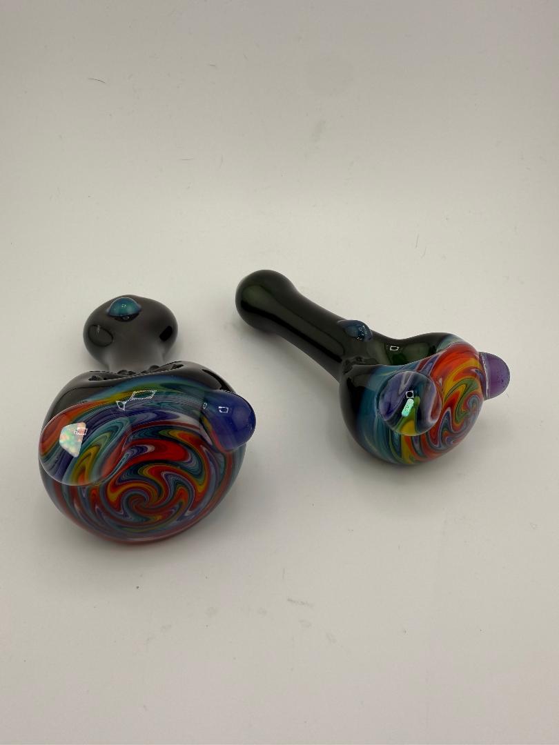 Highgrade Glass Rainbow Wig Wag Spoon w/ Opal – Handcrafted borosilicate pipe with vibrant color swirl design.