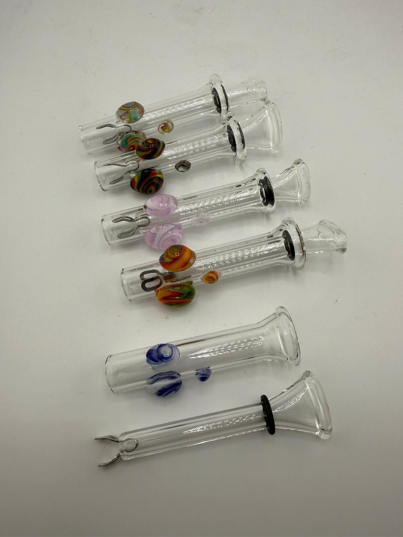 Handcrafted home blown glass color accented sliders in various designs and vibrant colors.