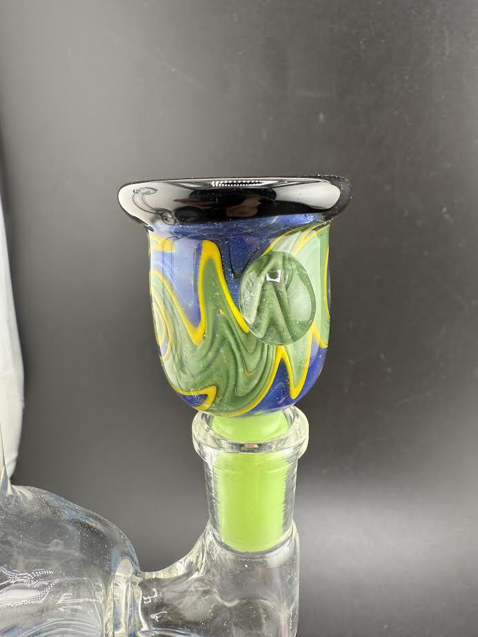 Colorful Jingle Bell Swirl 14mm bowl piece with blue, green, and yellow designs on a glass piece.