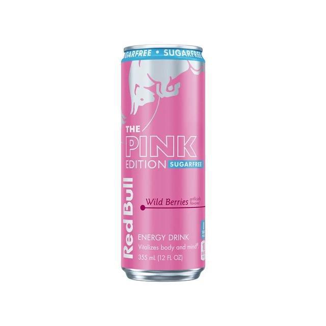 Red Bull Pink Edition Wild Berries 12oz sugar-free energy drink can with vibrant pink design.