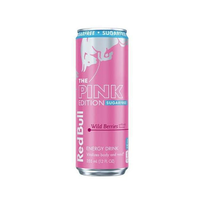 Red Bull Pink Edition Wild Berries 12oz sugar-free energy drink can with vibrant pink design.