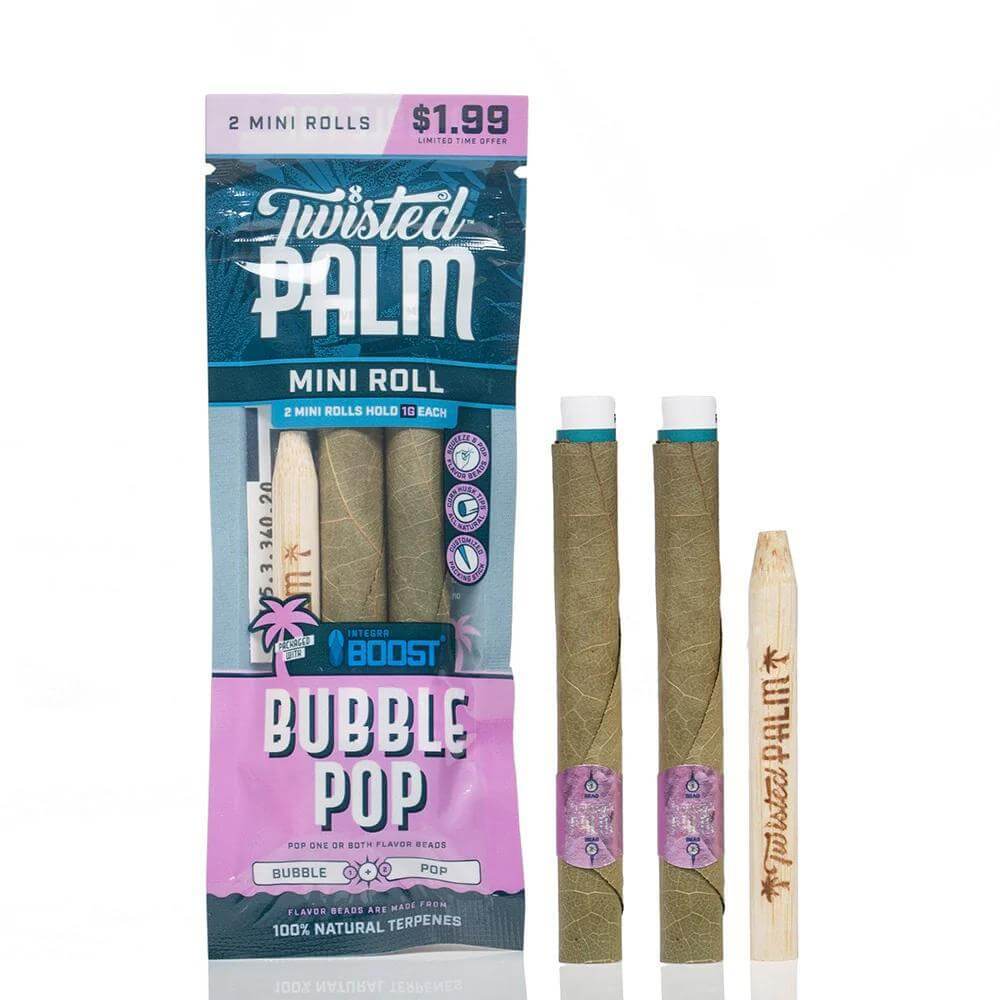 Twisted Palm Mini Roll 2pc pack with Bubble Pop flavor, featuring two premium rolling cones and vibrant packaging.