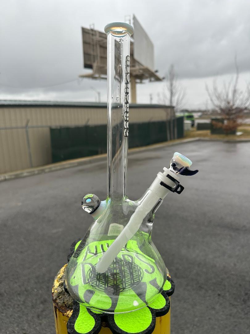 HighGrade Glass Flower Beaker - Simple Color Accent w/ Sacred Geometry Bake On, Marble Attachment and 4 Hole Slide