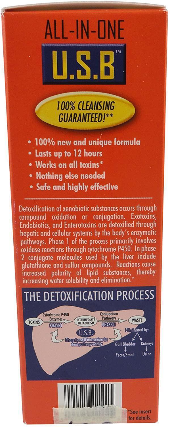 Purity Labs ALL-IN-ONE U.S.B. Full Body Cleanse dietary supplement box with detoxification process details.