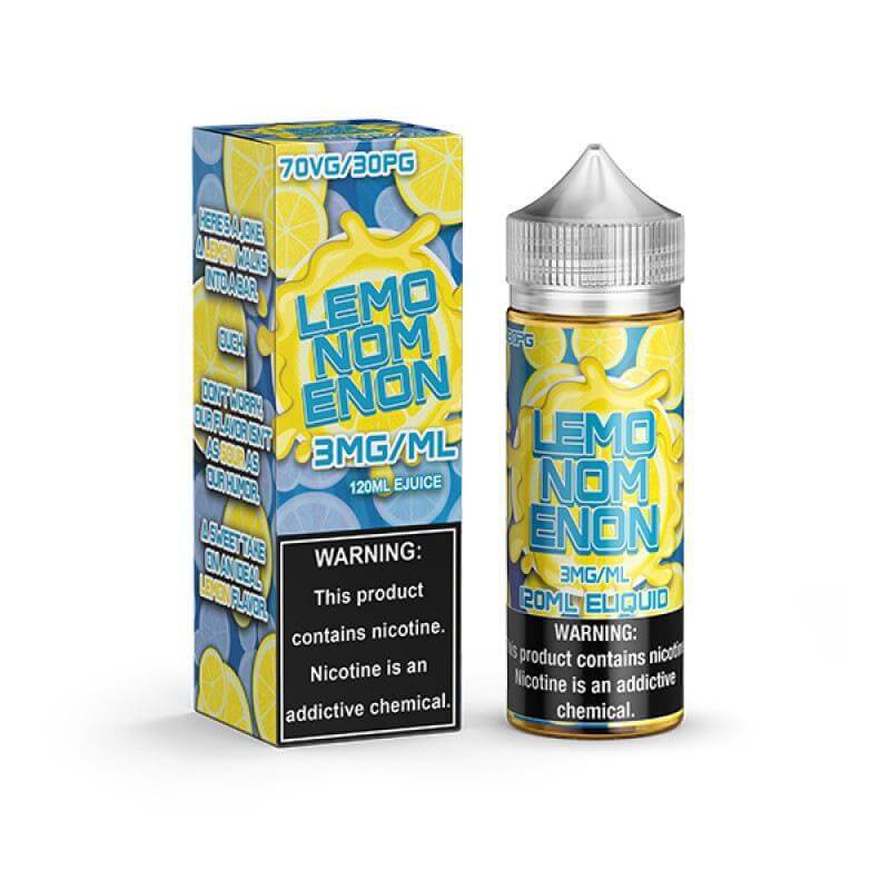 NOMS 120ml e-liquid bottle with lemon flavor, premium vape juice in colorful packaging, contains nicotine warning.