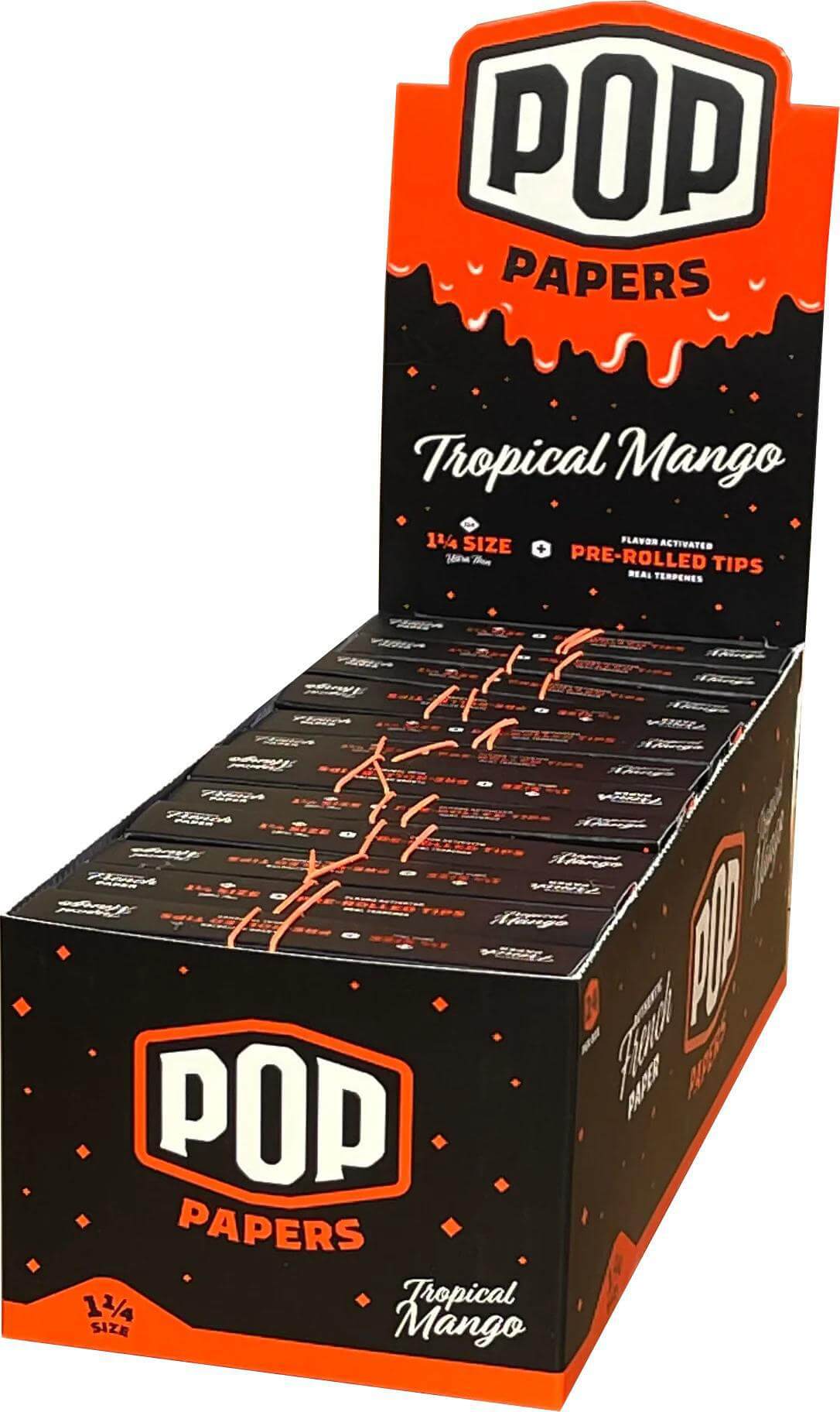 Display of Pop Papers Tropical Mango 1 1/4 size flavored rolling papers with pre-rolled tips.