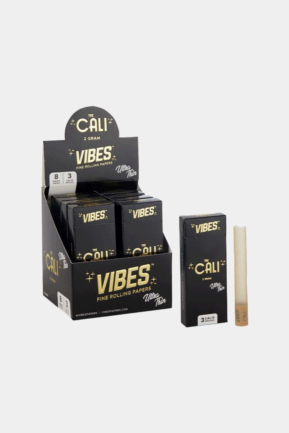 Vibes Cali 2g pre-rolled cone display featuring various rolling paper styles in a sleek black box.