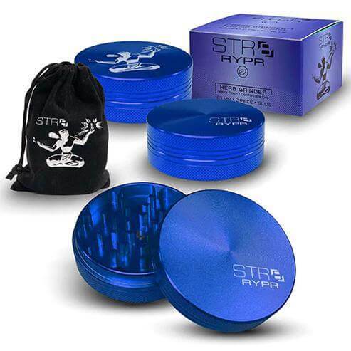 STR8 Rypr 63mm 2pc herb grinder in blue with pouch and packaging for premium quality grinding experience.