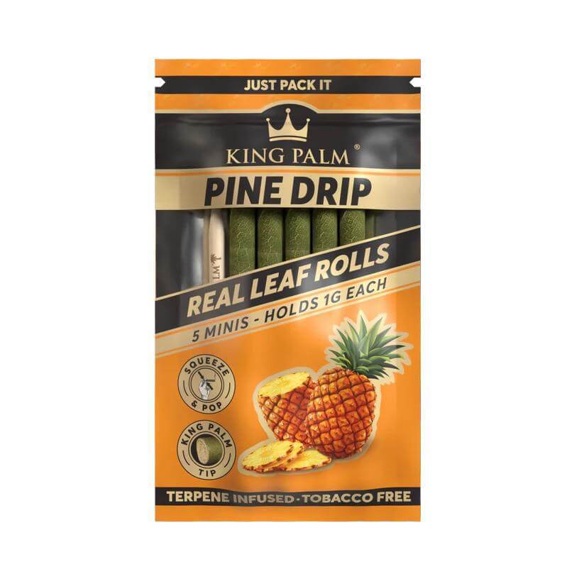 King Palm Pine Drip 5pc Mini Hemp Wraps pack, featuring terpene-infused, tobacco-free real leaf rolls.