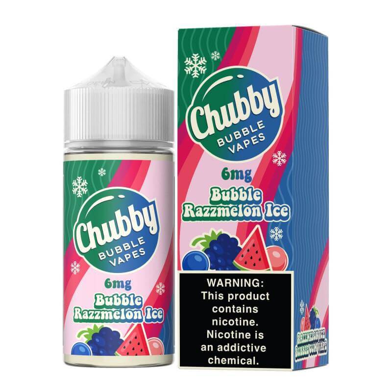 Chubby Bubble Vapes 100ml Bubble Razzmelon Ice vape juice with nicotine warning and colorful packaging.