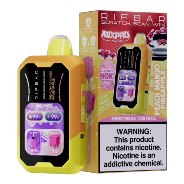 RIFBAR MIXPRO Disposable Vape with Peach Mango Pineapple flavor, offering 40,000 puffs and customizable sweetness control.