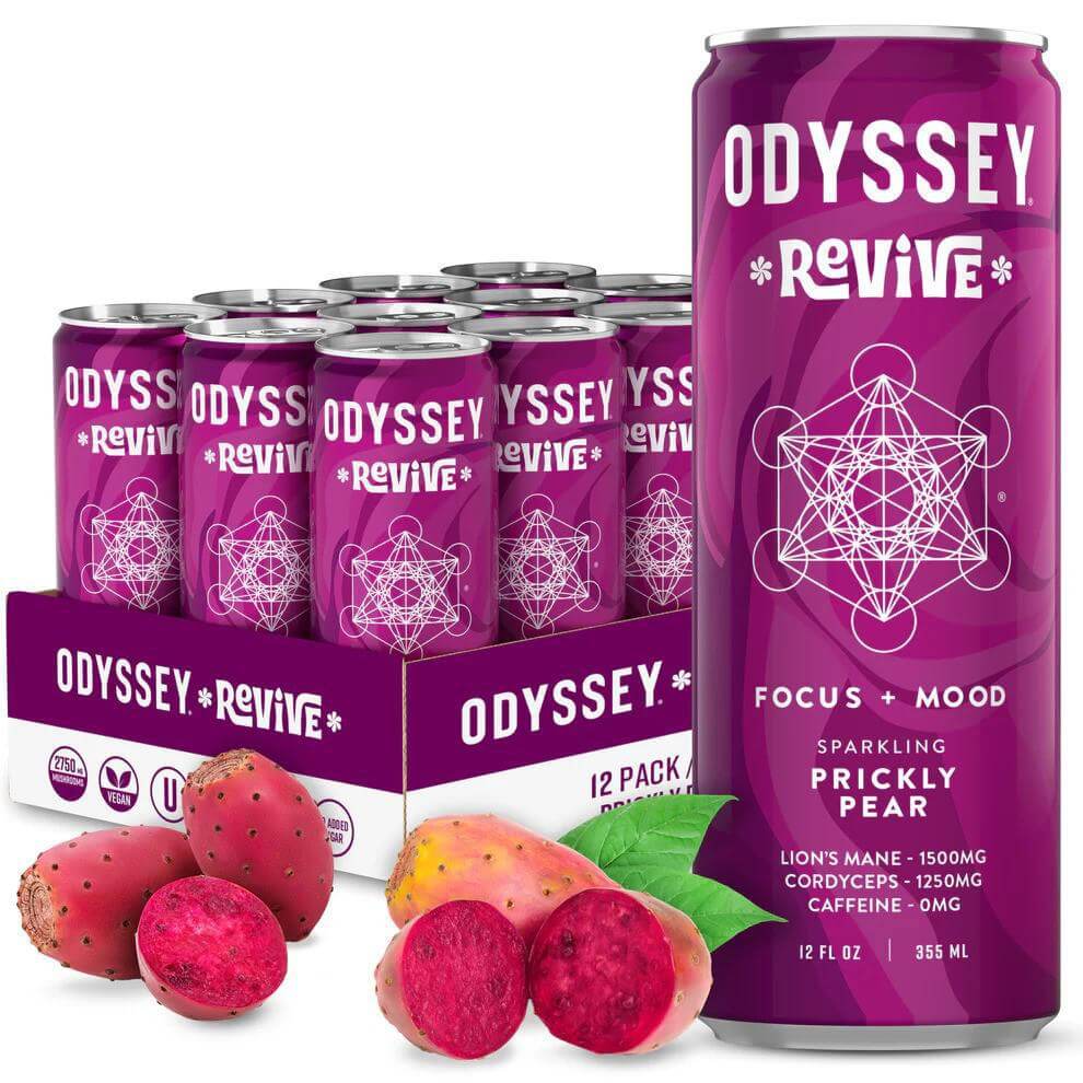 Odyssey Revive Sparkling Prickly Pear drink cans with fruit in front, promoting hydration and focus.