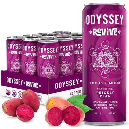 Odyssey Revive Sparkling Prickly Pear drink cans with fruit in front, promoting hydration and focus.