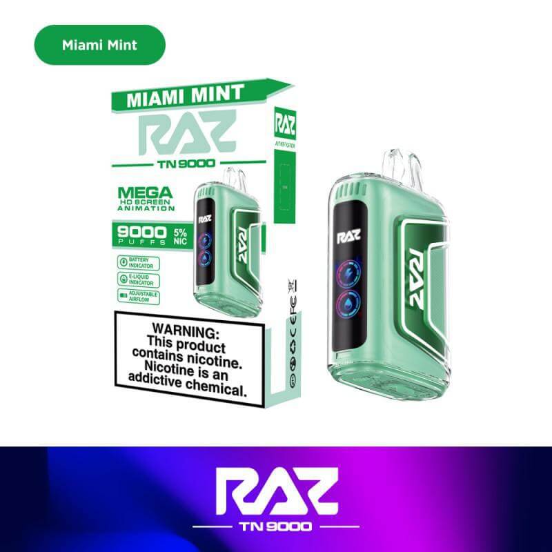 Raz TN9000 Disposable Vape - Miami Mint flavor, 9000 puffs, 5% nicotine, sleek design and performance.