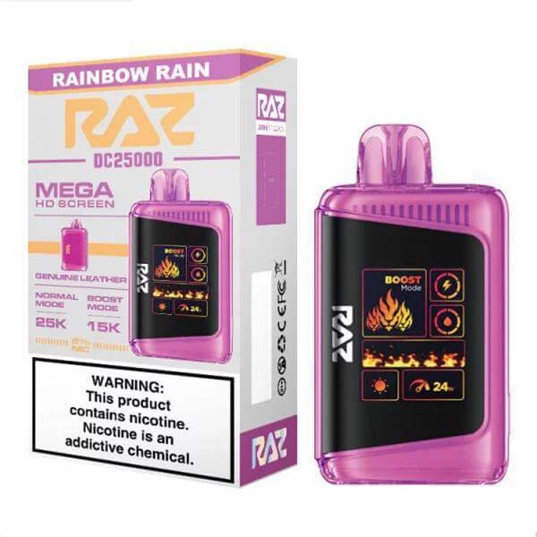Raz 25 Disposable Nicotine Vape in Rainbow Rain, featuring HD screen and warning label about nicotine.